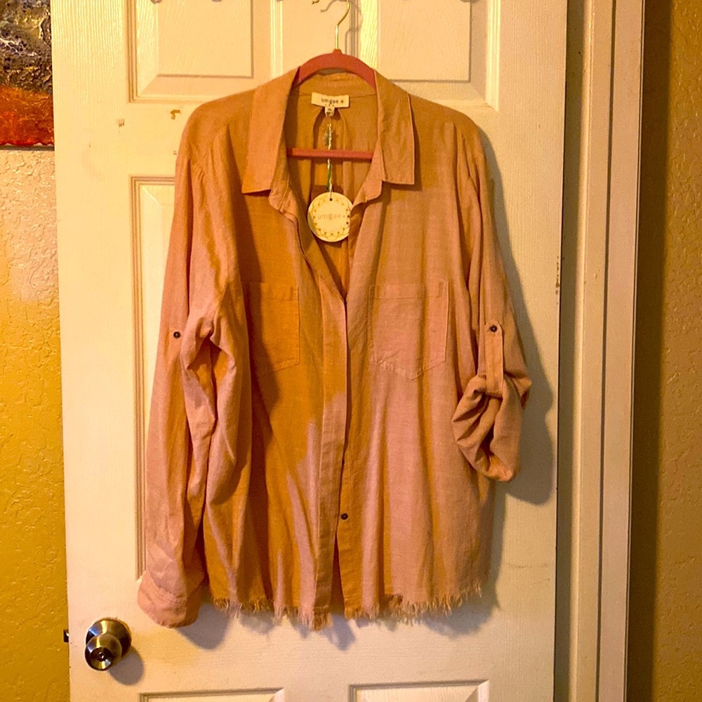 Light Pink Button-Down Shirt - Casual Roll-Sleeve Top